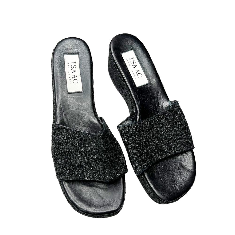 Isaac Isaac Mizrahi Black Platform Wedge Sandals Sparkle Italian Leather Sz 10B